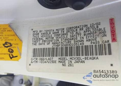 2003 Lexus Es 300 from USA, damaged, VIN JTHBF30G830105149